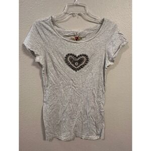 TWISTED HEART Embellished T-Shirt Beaded Heart Graphic Tee Top, Size Unknown